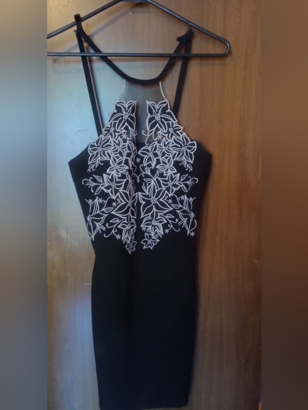Anna Grace Black Floral Embroidered Halter Bodycon Dress